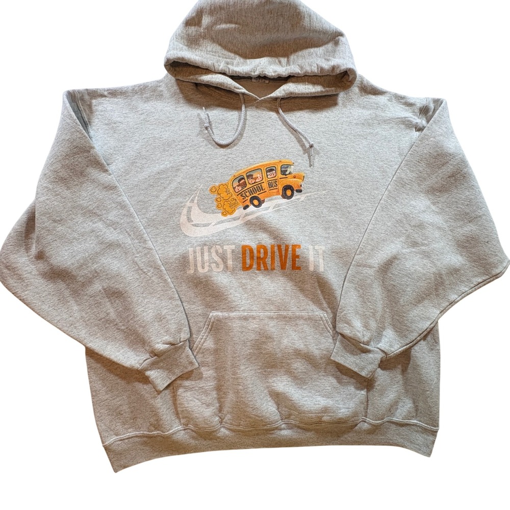 Jerzees Just Drive It School Bus Hoodie Mens 3XL Gray Parody Graphic Sweatshirt